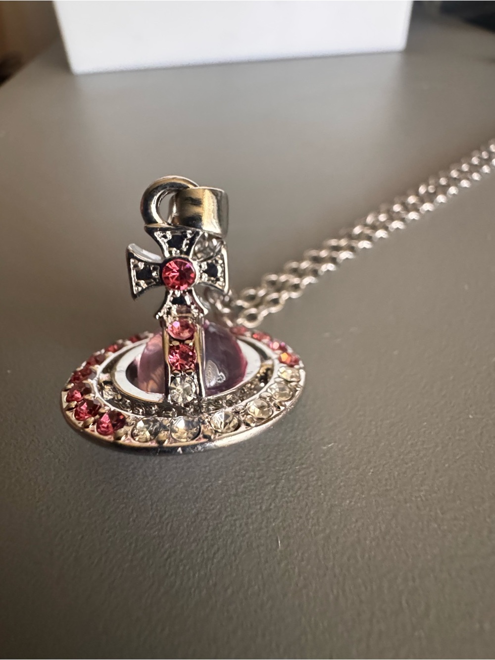 Vivienne Westwood Stainless Steel Pink Saturn Crystal Orb Pendant Necklace